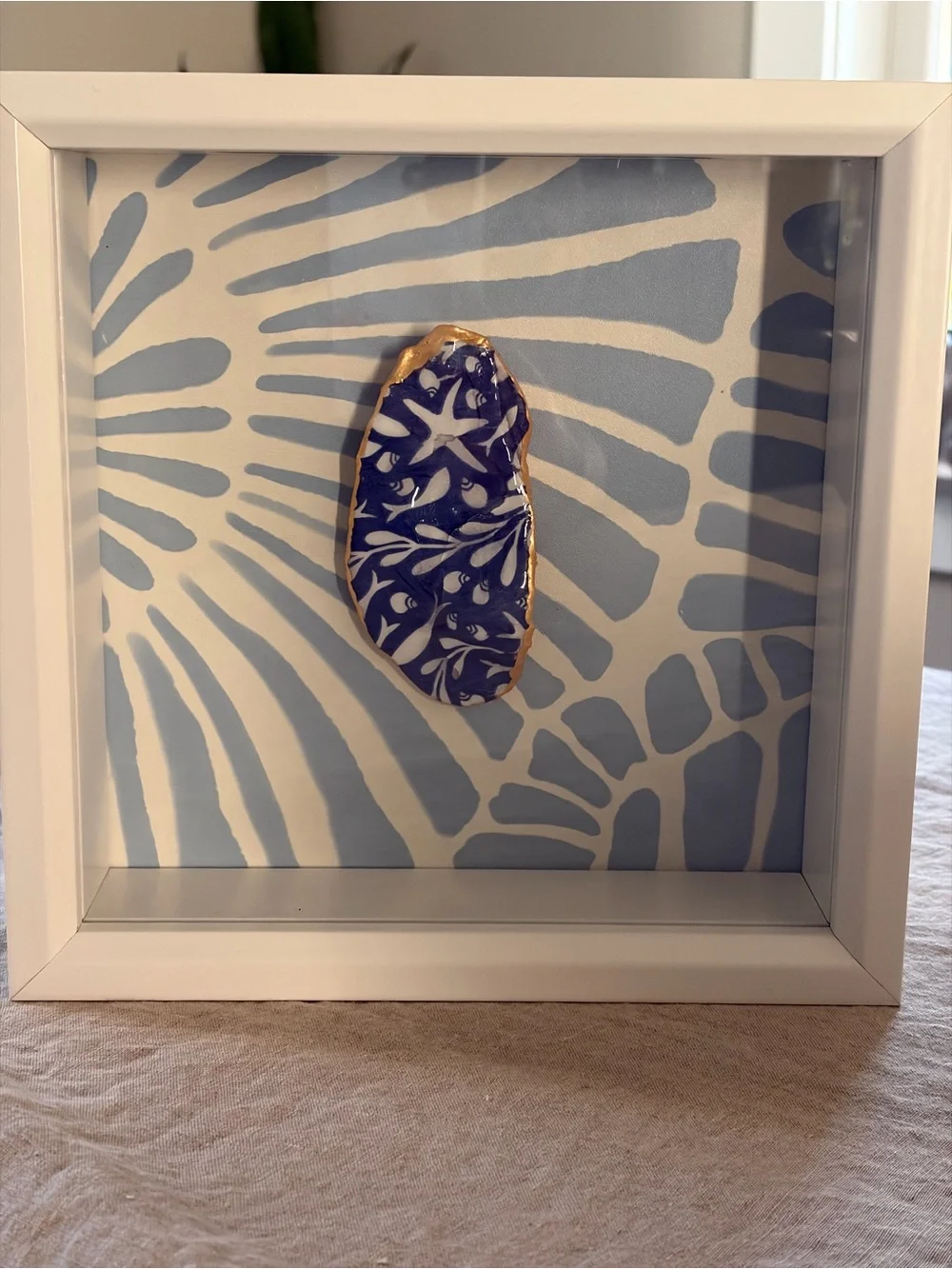 8x8 Shadow Box Blue and Gold Coastal Ceramic Wall Art - Home Wall Decor
